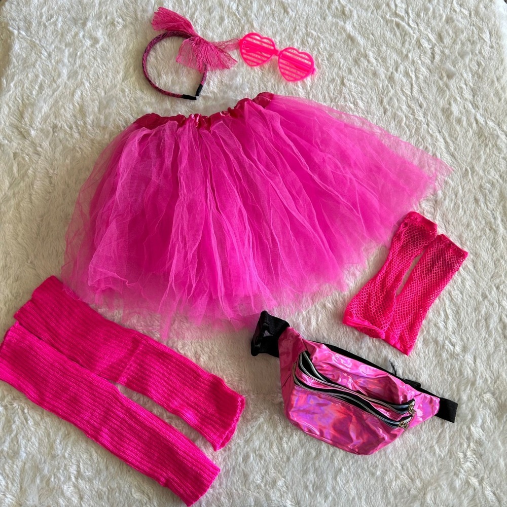 Girls 80s Costume Set Neon Pink Tutu Fanny Pack Halloween Kids 6/7